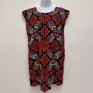 J.Marie Embroidered Aztec Shift Dress XS Black Orange Geometric Folk Oaxaca